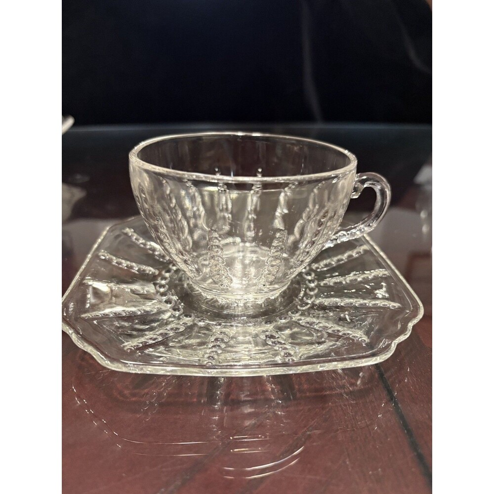 Vintage Federal Glass Co. Clear textured Columbia pattern Cup & Saucer Set
